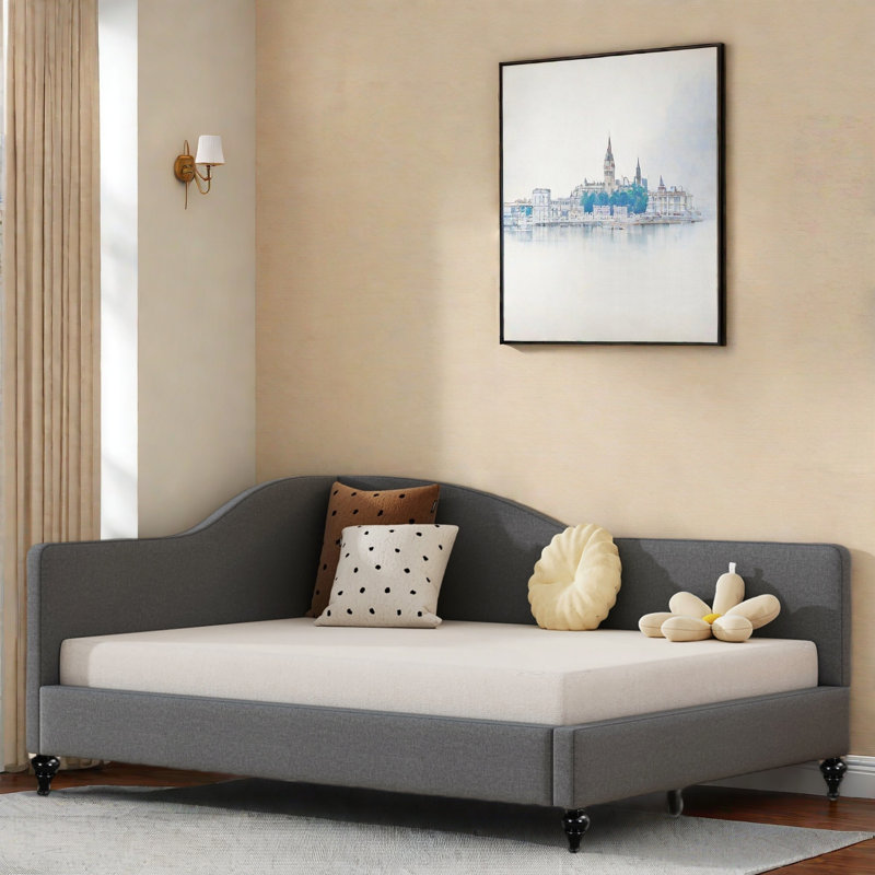 L-shaped Linen Daybed With Solid Wood Legs, Gray, Full/Double