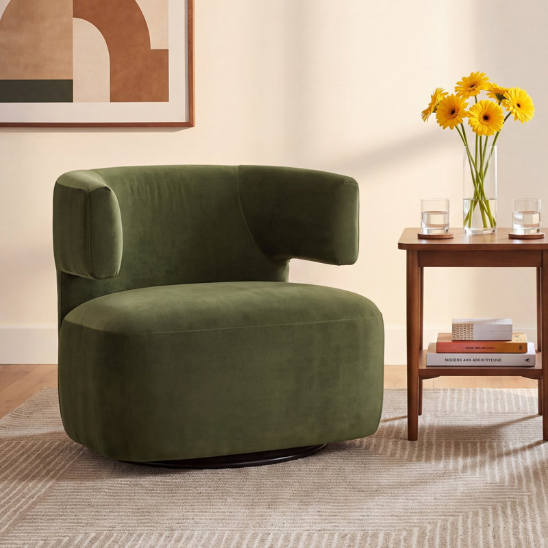 Bascom 34'' Wide Swivel Barrel Chair, Green Tweed