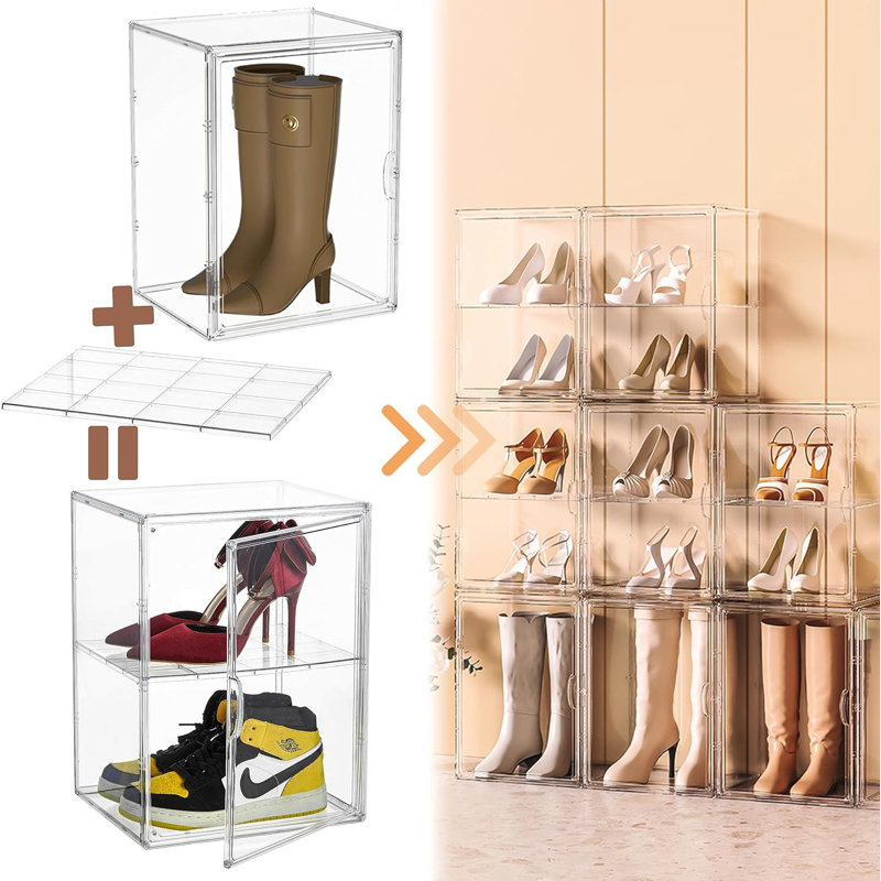 XXX-Large Clear Acrylic Display Case Boot Shoe Storage Boxes With An Adjustable Divider,2 Pack 2 Tiers Clear Plastic Stackable Storage Bins With Lids Big Display Acrylic Box With Magnetic Door