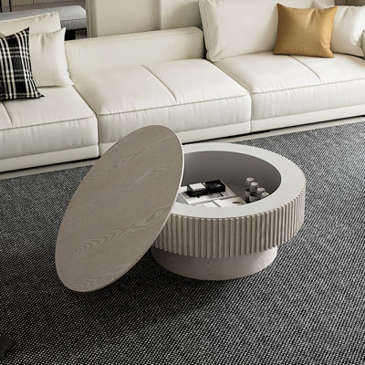 Table basse ronde avec rangement caché et conception de champignon cannelé en blanc rétro