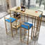 Ensemble de table de bar et chaise cinq pièces, structure dorée, plateau de table multicouche, coussin de chaise et dossier en éponge, table avec fonction de rangement (or + beige + bleu)