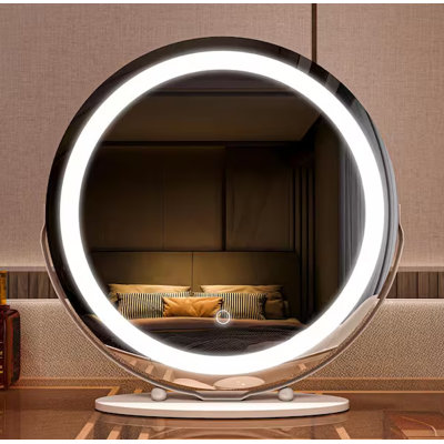 19 in. Round 3-Color-LED Touch Screen, Makeup Dimmable Lighted Mirror for Table in gold Frame