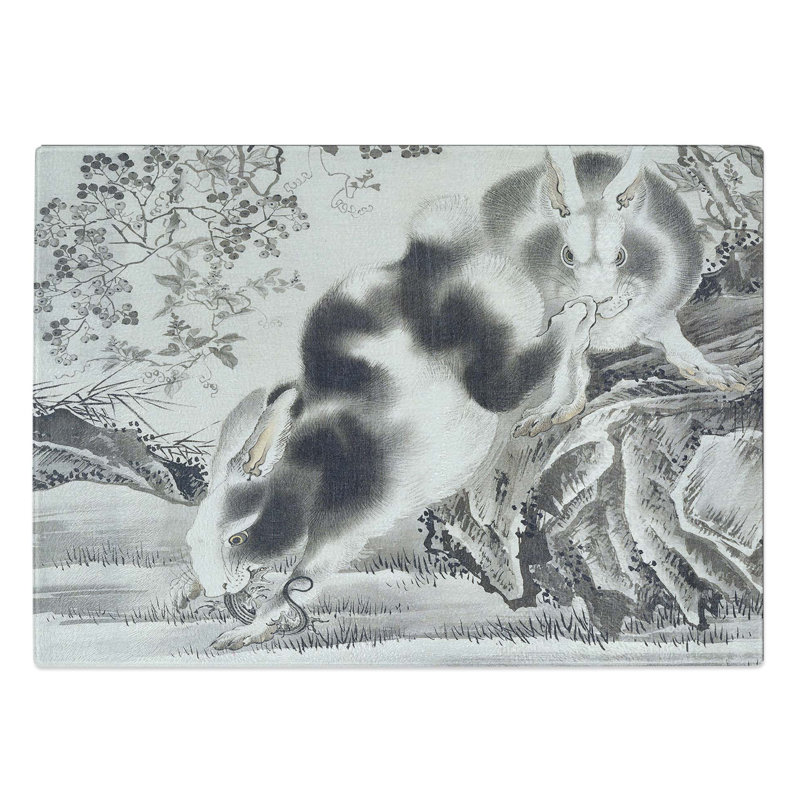 Tempered Glass Rabbits Hunting by Kawanabe Kyosai Chopping Board, 39 cm W x 28.5 cm L
