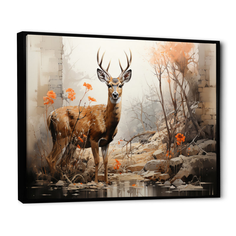 Cerf, élégance rustique - imprimé, Cadre flottant noir, H 34 po x l 44 po x P 1,5 po