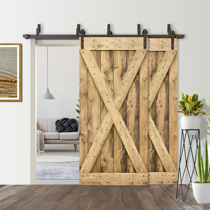 Porte de grange double à panneaux en bois teinté à panneau avec ensemble de quincaillerie coulissante, Chêne vieilli