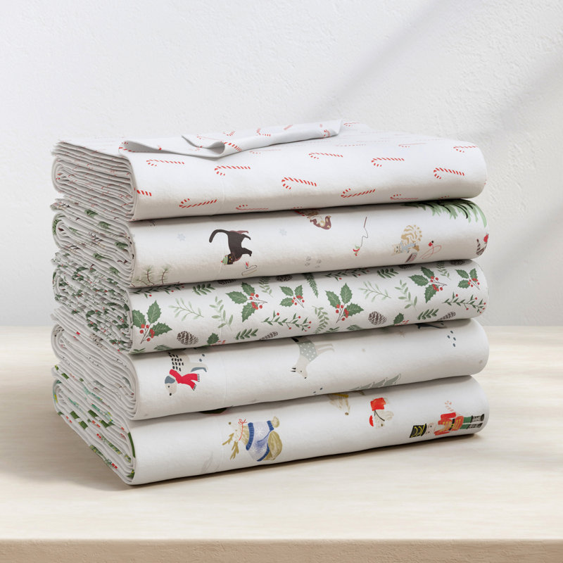 100% Turkish Cotton Flannel Christmas Sheet Sets, Winter Cats, Queen with 2 Pillowcases