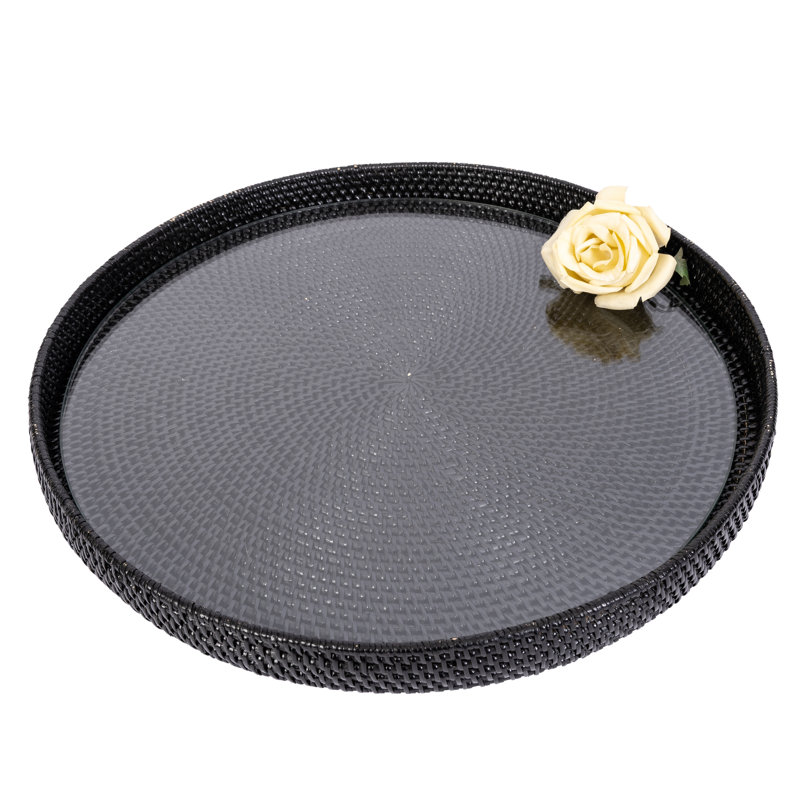 16" Round Serving-ottoman Tray With Glass Insert, 16" W x 16" D x 1.5" H, Tudor Black