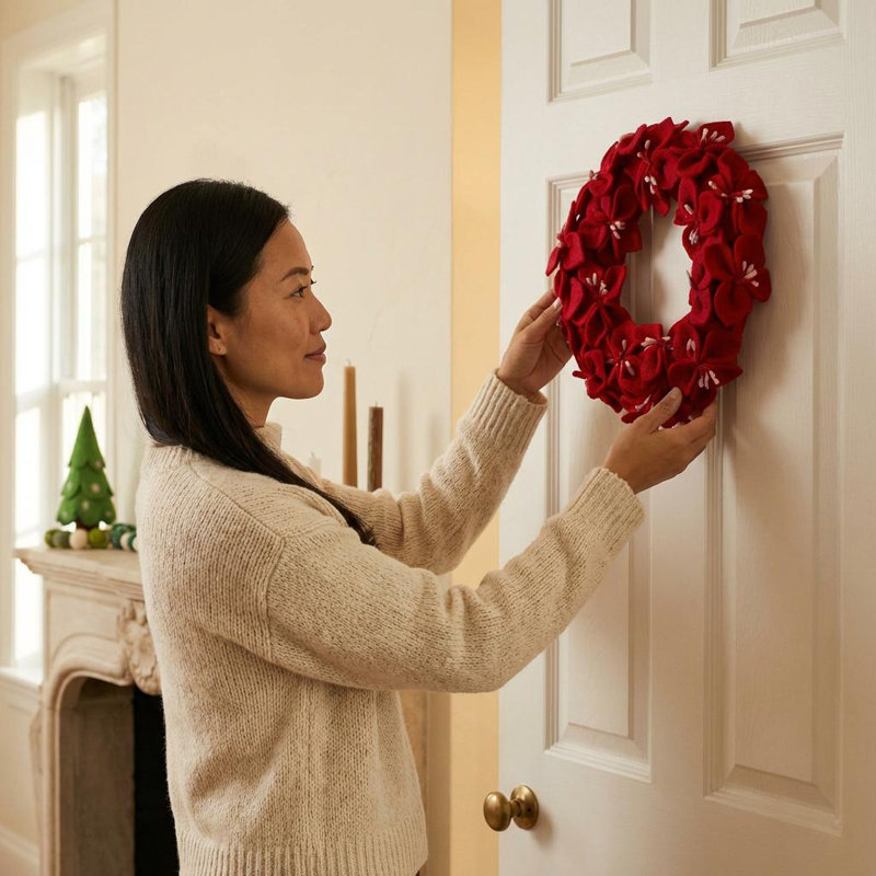 Handmade Hand Felted Wool Wreath - Cream Amaryllis Flowers - 14", Red