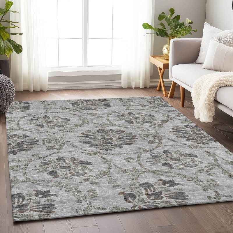 Tapis gris Prisco lavable à la machine de qualité supérieure, Rectangle 10 pi x 14 pi