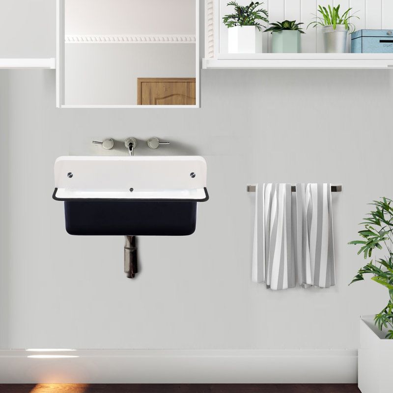 Anchor 14" Iron Rectangular Wall Mount Bathroom Sink with Overflow, Black/White