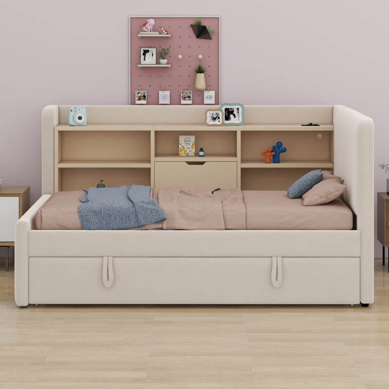Lit de jour rembourré avec lit gigogne, tablettes de rangement, port USB et prise de courant, Beige