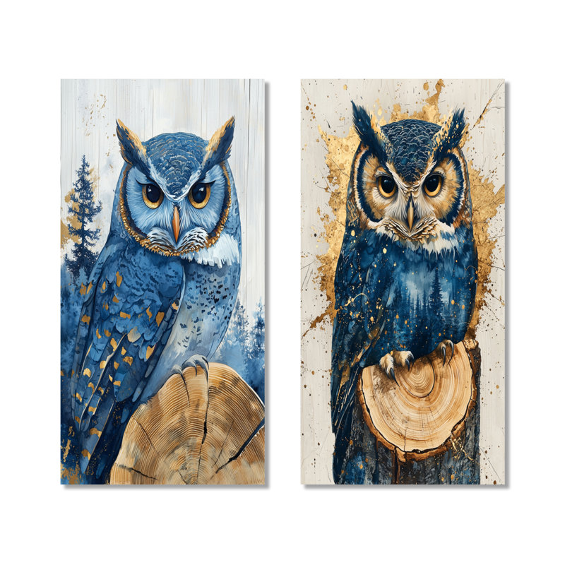 Hibou dans la forêt saphir paysage I - oiseaux, ensemble d'art mural en métal de 2, 32" H x 32" W
