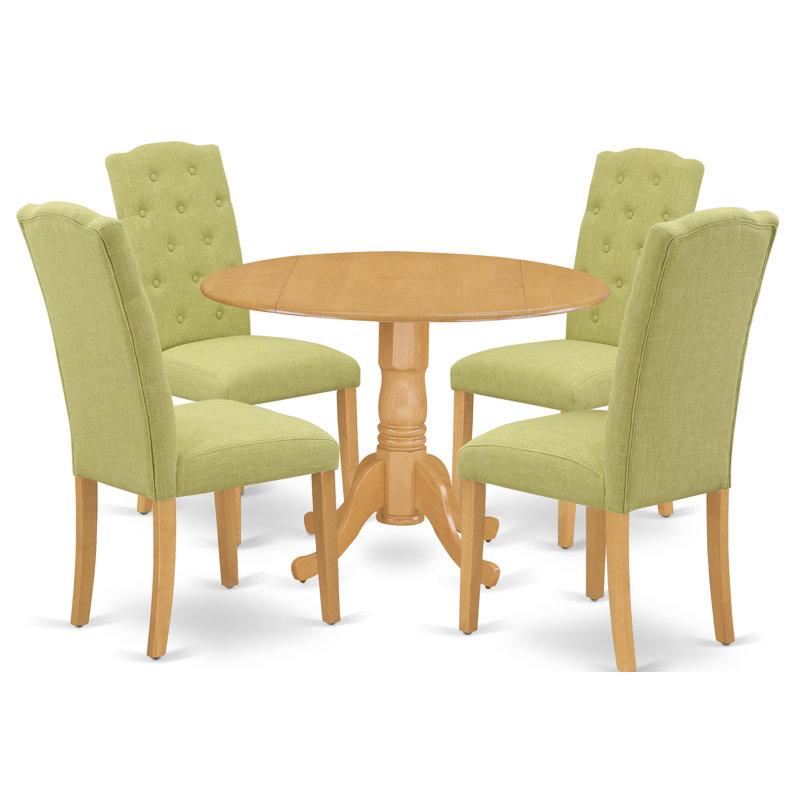 5 Piece Dining Table Set for 4 Includes a Round Kitchen Table with Dropleaf and 4 Limelight Linen Fabric Parson Dining Chairs, Oak