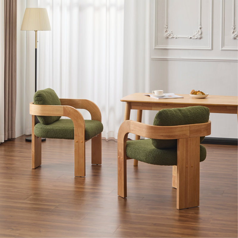 Ensemble de 2 chaises de salle à manger avec dossier coussiné, tissu bouclé, structure en bois massif de couleur naturelle
