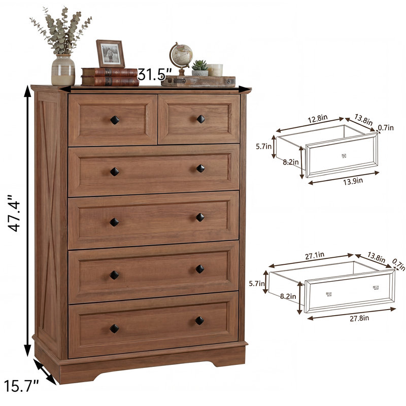 Commode 6 tiroirs pour chambre à coucher, grande commode de ferme, armoire de rangement en bois avec tiroirs profonds, rangement vertical compact