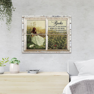 A Lady Reading Book In The Meadow - Books Give A Soul To The Universe Wings To The Mind Flight To The Imagination And Life To Everything - 1 Piece Rectangle Graphic Art Print On Wrapped Canvas