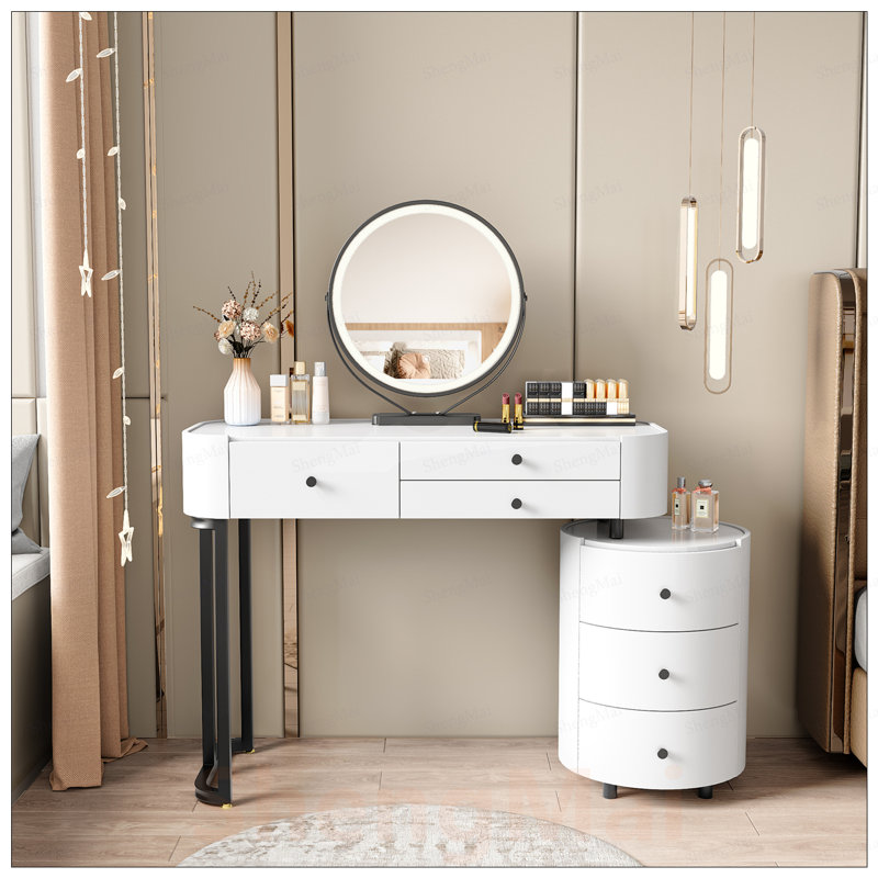 Coiffeuse moderne minimaliste avec miroir amovible et armoire latérale rotative, meuble-lavabo facile à assembler pour un rangement polyvalent