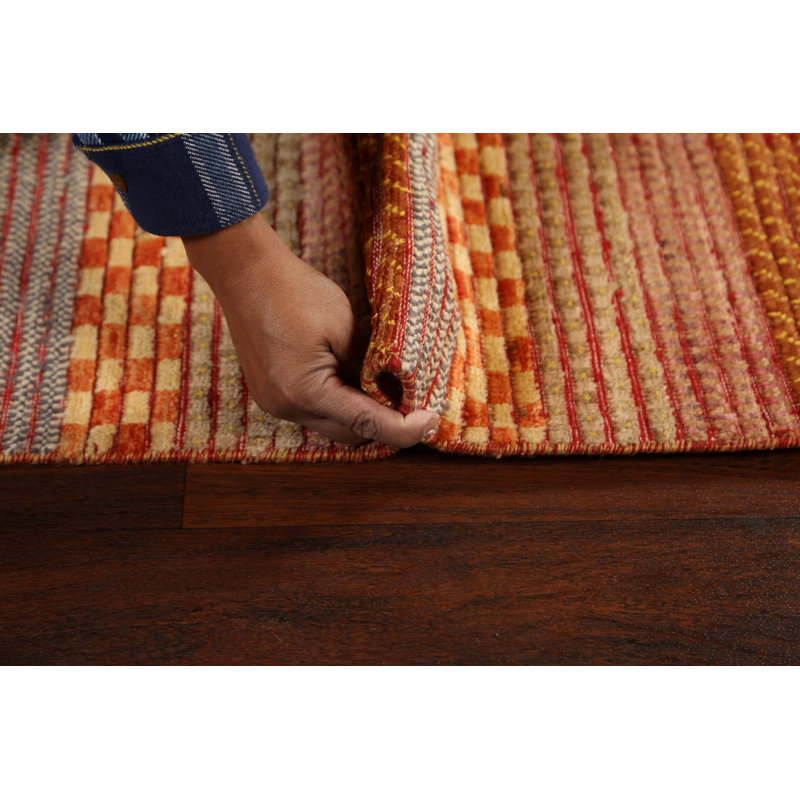 Tapis orange / gris en laine noué à la main de conception unique 3 pi 3 po x 4 pi 11 po New Age