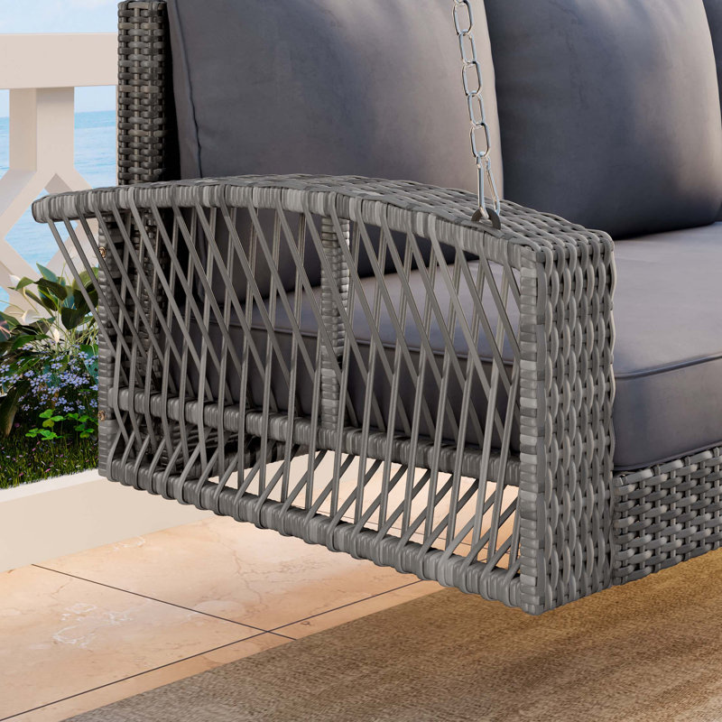 69" Outdoor Pe Wicker Swing – 3-person Porch Bench With Chains & Cushions, Gris, Gris