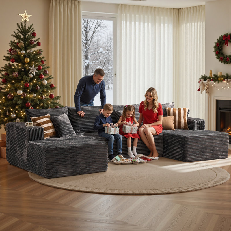 Compression Packed 3-piece Cloud Modular Sectional Sofa In Boneless Corduroy – No Assembly Required, Gray Polyester/Corduroy