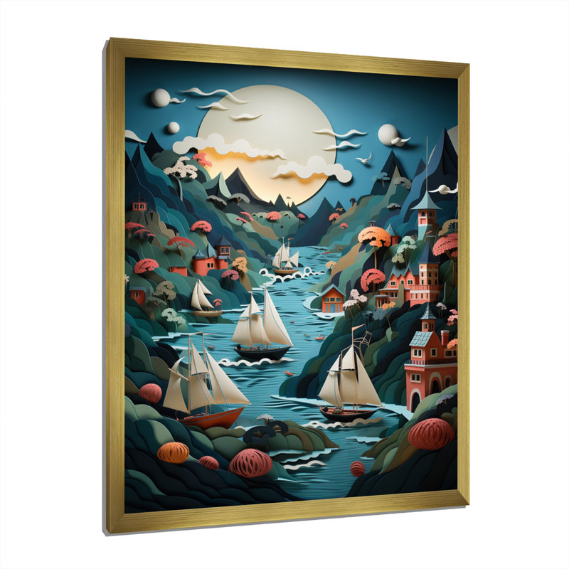 Port Port Hues Papercut II - Impressions sur toile nautiques et de plage, Encadrement doré, H 32 po x l 24 po x P 1 po