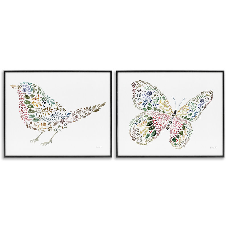  Oiseau et papillon de la nature, ensemble de 2 giclées par Danhui Nai, Giclée encadrée noir minuit, H 11 po x l 14 po