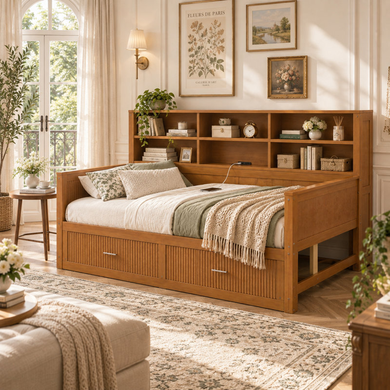 Lit de jour double en bois avec station de charge Ines, 6 tablettes de rangement et 2 tiroirs sous le lit, cadre de lit plateforme à panneau cannelé