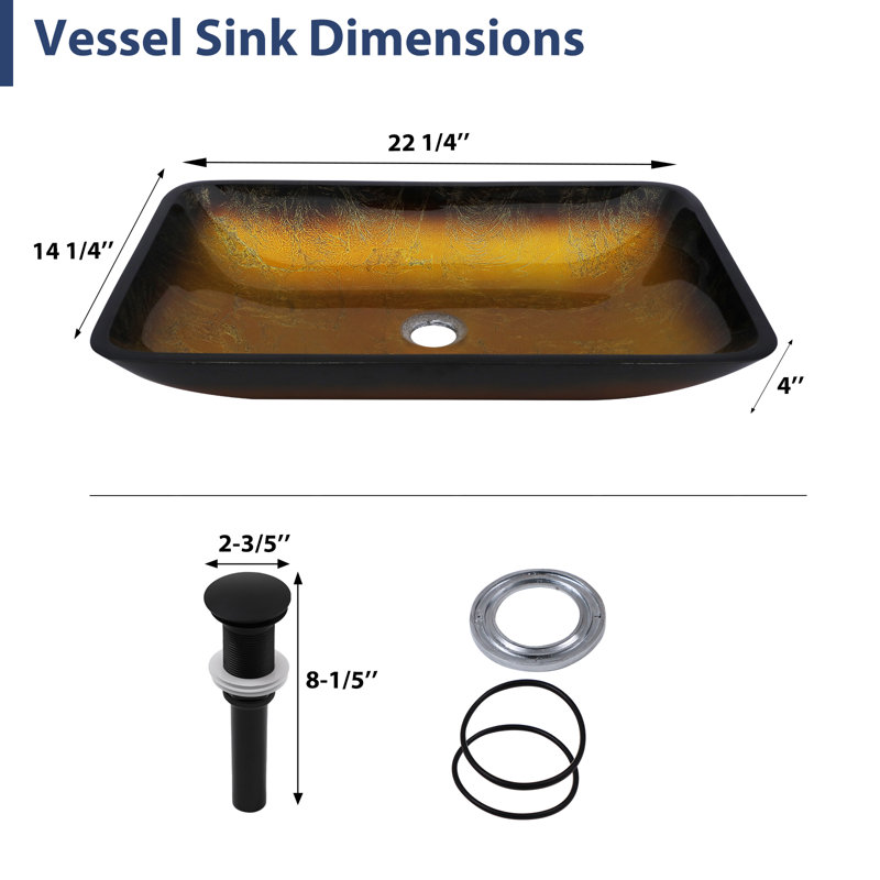 22.25"L x 14.25"W Glass Vessel Sink Rectangular Tempered Glass Bathroom Basin with Pop-up Drain, 22.25"L x 14.25"W