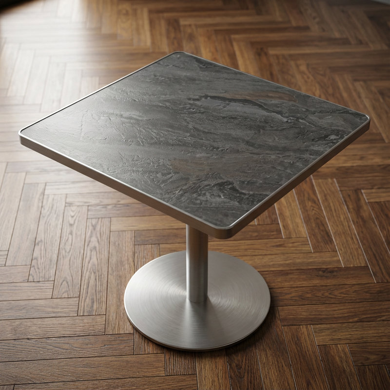 Table de salle à manger contemporaine carrée avec plateau en faux marbre et structure en métal robuste pour un bistro ou une cuisine moderne