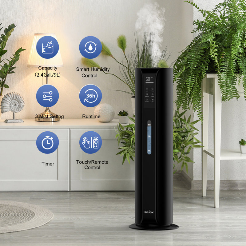 2.3 Gallons Cool Mist Ultrasonic Quiet Tower Humidifier with Filter Element for Living Room, Black