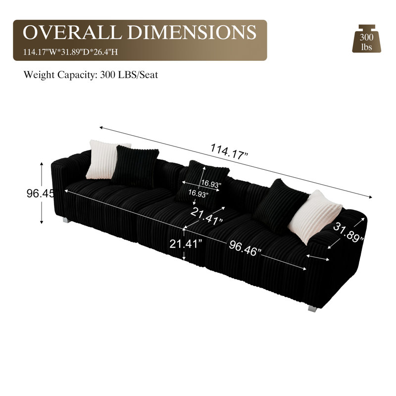 114" Corduroy Three-Seater Sofa – Sturdy Wooden Frame, Comfortable & Durable, Black Corduroy