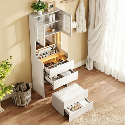 Table de coiffeuse 3-en-1 avec miroir à DEL et rangement, coiffeuse à maquillage avec lumières réglables et 5 espaces de rangement