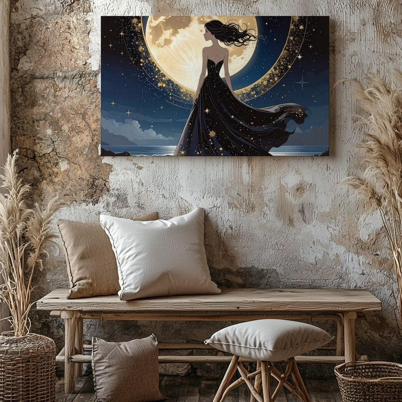 Toile au clair de lune, peinture sur toile, femme en étoile, art mural, toile prête à accrocher, décoration murale, décoration moderne
