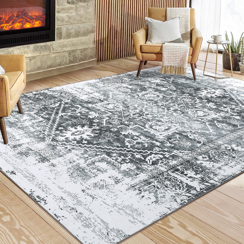 Tapis lavable à motif de médaillon traditionnel à motif floral lavable, Rectangle 9 pi x 12 pi