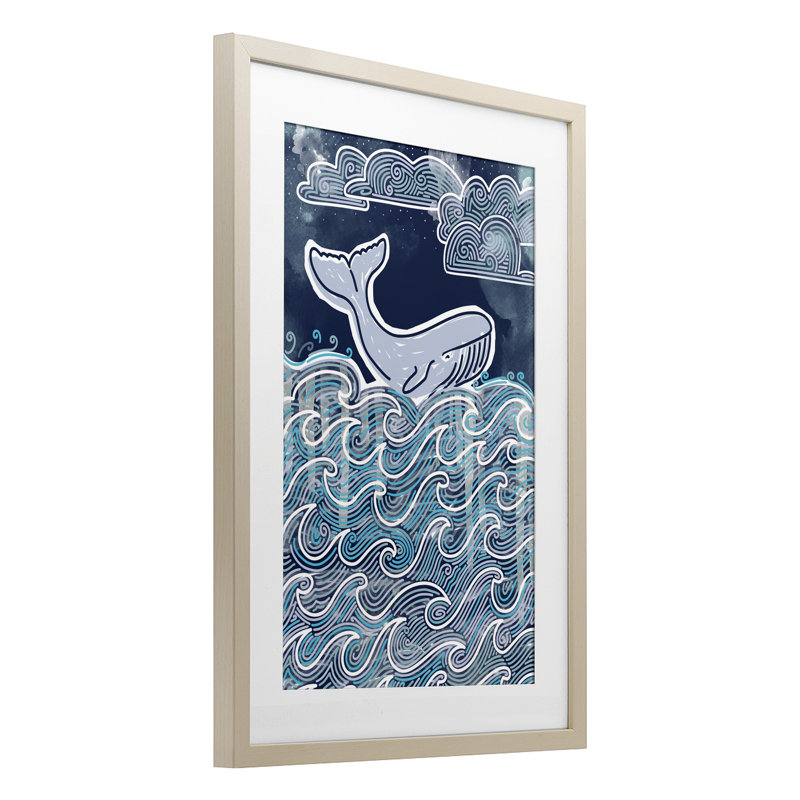 Stormy Ocean Waves Whale Framed Print Under Glass, design by Connie Summers, Harvest Pine Frame, 23" H x 17" W