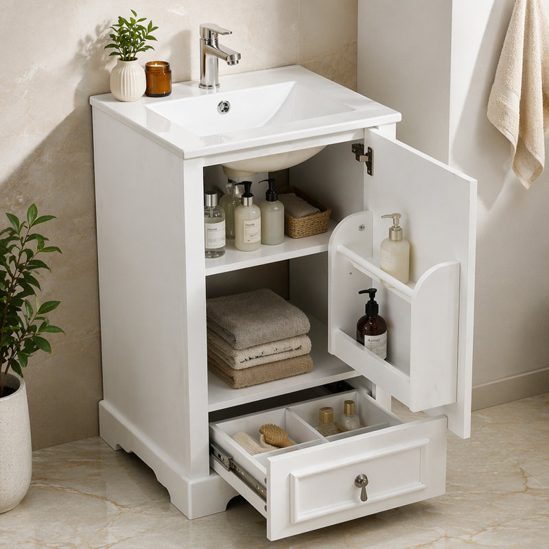 Meuble-lavabo de 20 po avec lavabo en céramique, porte à fermeture en douceur, tablette ajustable en forme de U, tiroir de compartiment et support de porte, style moderne, conception peu encombrante