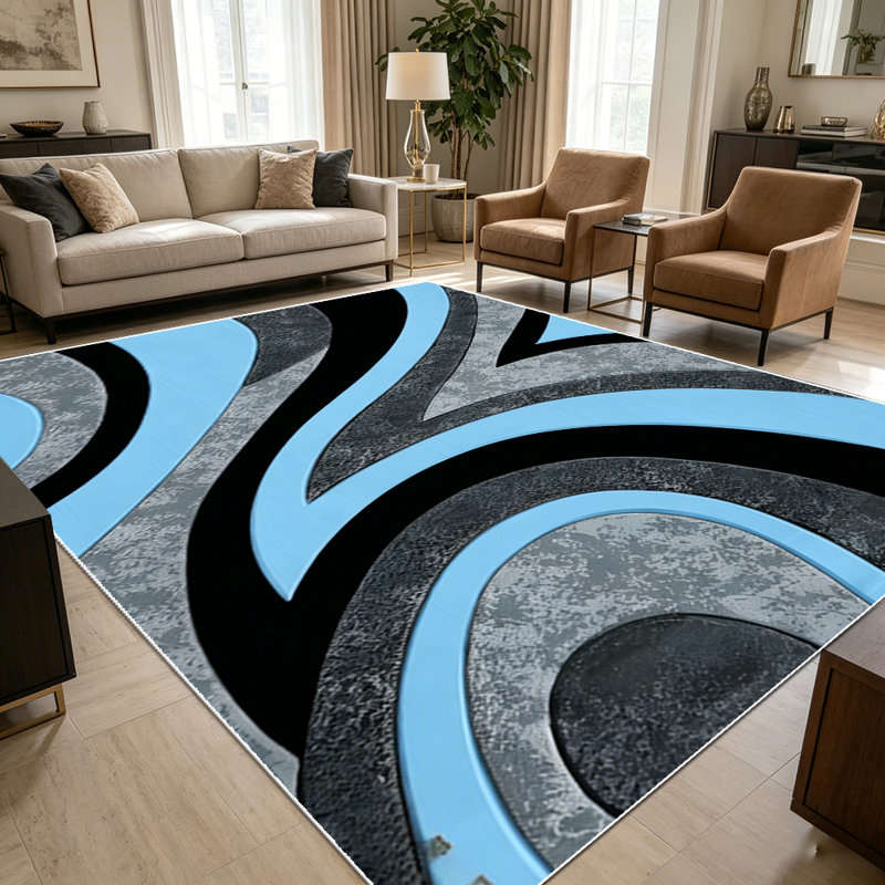 1PC Modern Blue Black Grey Geometric Swirl Abstract area rugs for Living Room, Soft and Comfortable, Suitable for all seasons, easy-to-maintain, machine washable Indoor floor mat, Under Table Farmhouse suitable for dining room, bedroom, entryway,