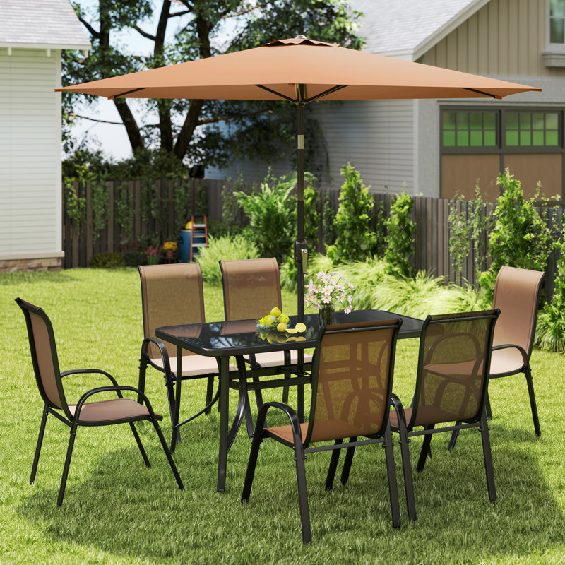8 Pieces Patio Table and Chairs Set with 9 Ft Patio Umbrella, Outdoor Dining Set with 4.6 Ft Dining Table and 6 Chairs, Push Button Tilt and Crank Parasol, Tempered Glass Top