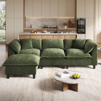  Modular Sectional Sofa With Movable Ottoman, L-shaped Couch With Removable Washable Cushion Covers, 9.8" Extra-thick Cushions, Tool-free Easy Assembly, Padded Armrests For Living Room, Green