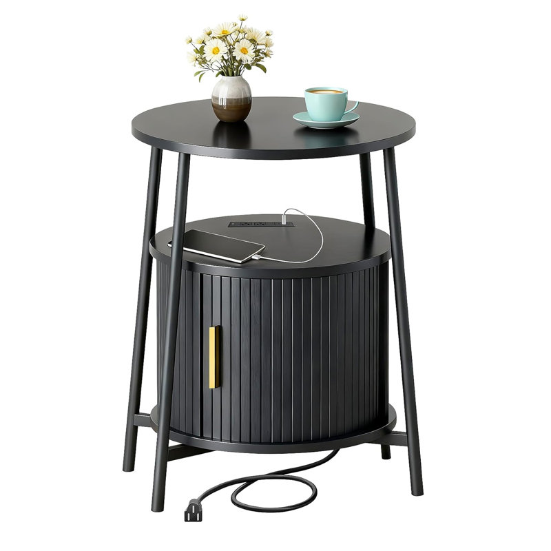 End Tables Side Table With Storage, Fluted Nightstand With Charging Station, Small Mid-century Modern Bedside Tables, Side Table For Small Space Living Room Bedroom Sofa Couch