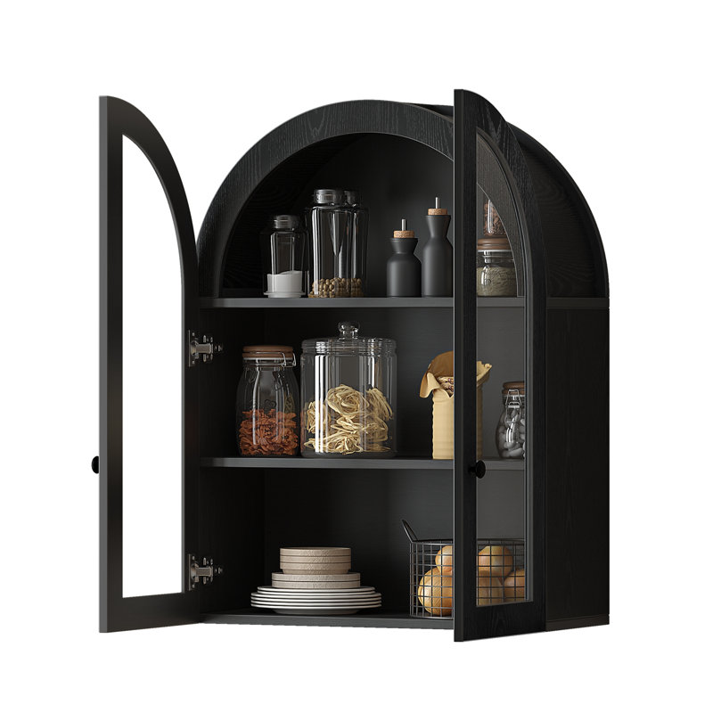 Châtelier mural arqué avec portes en verre trempé et étagère réglable, Black