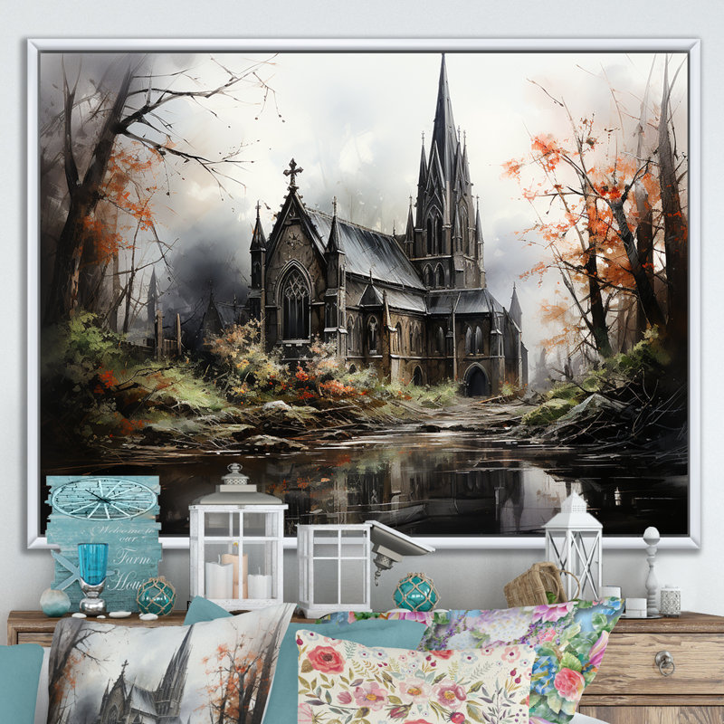 «Black Neo Ecclesiastic Vision Church I», art sur toile, H 34 po x l 44 po x P 1,5 po, Cadre flottant blanc