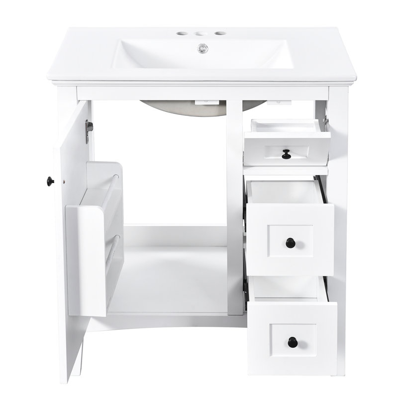 Meuble-lavabo de 30 po avec lavabo en céramique - Armoire moderne en bois massif à 3 tiroirs et portes lisses, Blanc
