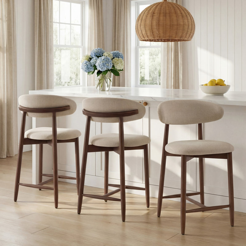 Tabouret de bar rembourré à hauteur de comptoir avec pieds en bois massif, 3, Beige