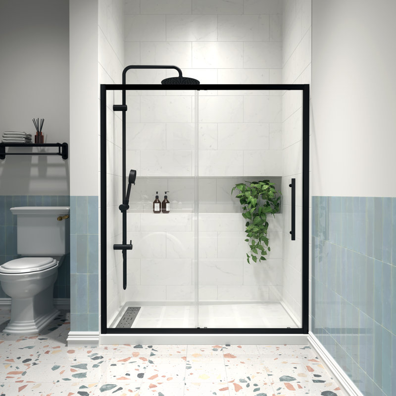 56 - 60" W x 72" H Single Sliding Semi-Frameless Shower Door with 1/4" (6mm) Clear Tempered Glass, Matte Black
