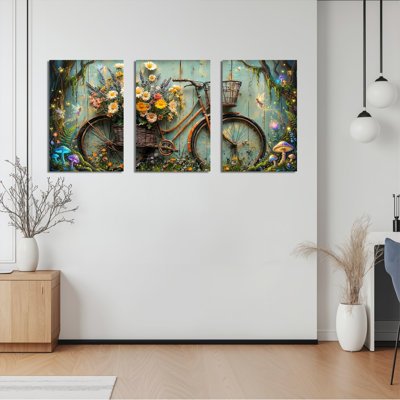 Ensemble de 3 tableaux sur toile à motif floral, vélo et jardin féérique