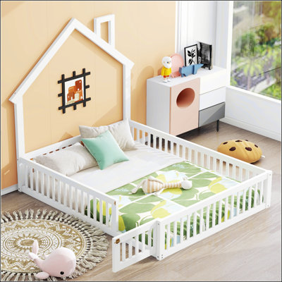 Wood Full Size House Platform Bed With Guardrail