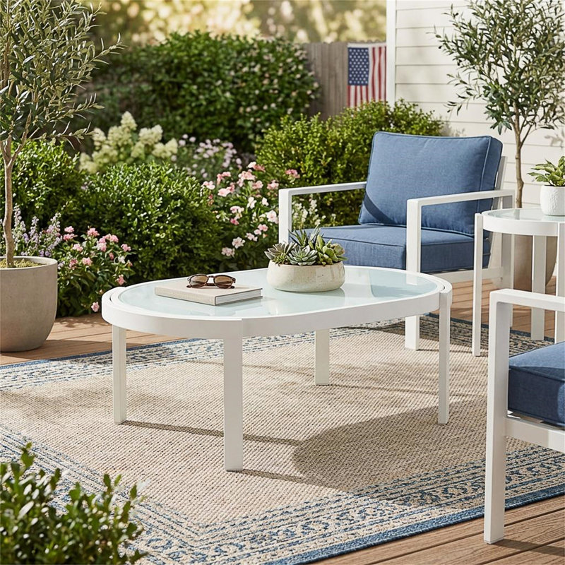 Table basse d'extérieur moderne avec plateau en verre trempé, table de patio résistante aux intempéries pour la cour, la terrasse et la piscine