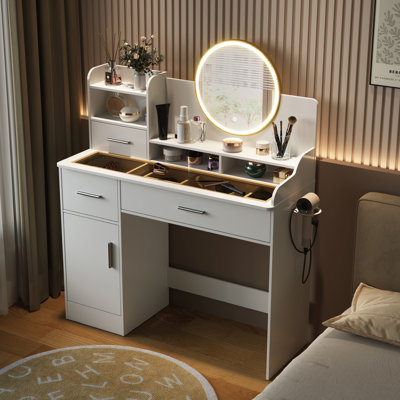 Wilce 42" Transitional White Makeup Vanity With Led Round Mirror