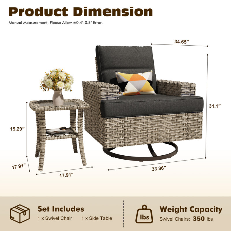 Ensemble de chaises berçantes et pivotantes pour l'extérieur avec table d'appoint Carolle, Black